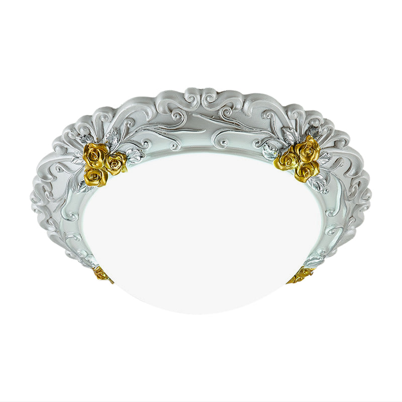 Milky Glass Led Ceiling Fixture - Traditional Semi-Orb Flush Mount Light With White And Gold/Brown