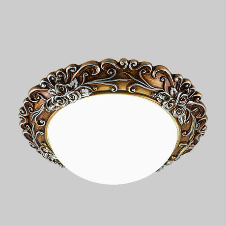 Milky Glass Led Ceiling Fixture - Traditional Semi-Orb Flush Mount Light With White And Gold/Brown