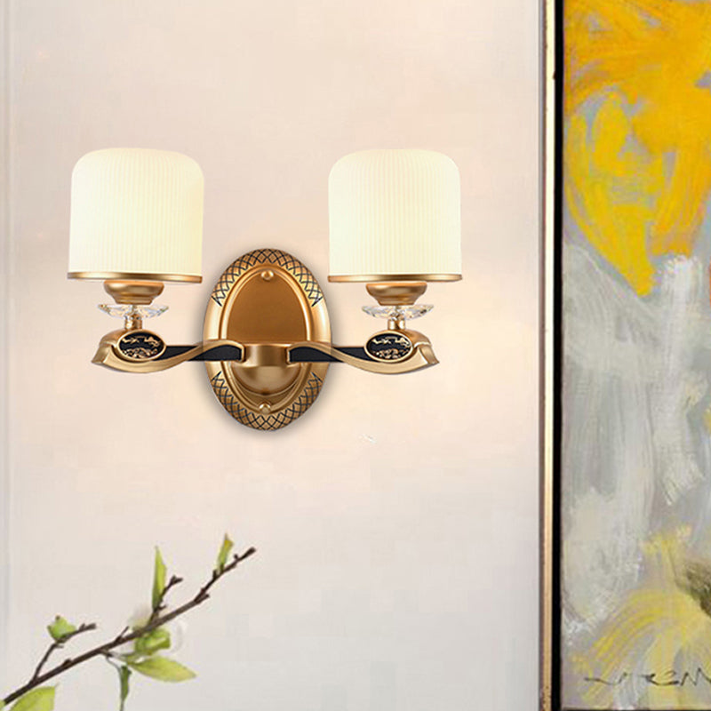 Retro Style Gold Cylinder Wall Sconce Light With Ribbed Glass - 1/2 Bulbs Bedside Lighting 2 /