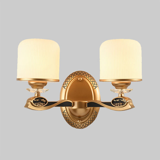 Retro Style Gold Cylinder Wall Sconce Light With Ribbed Glass - 1/2 Bulbs Bedside Lighting