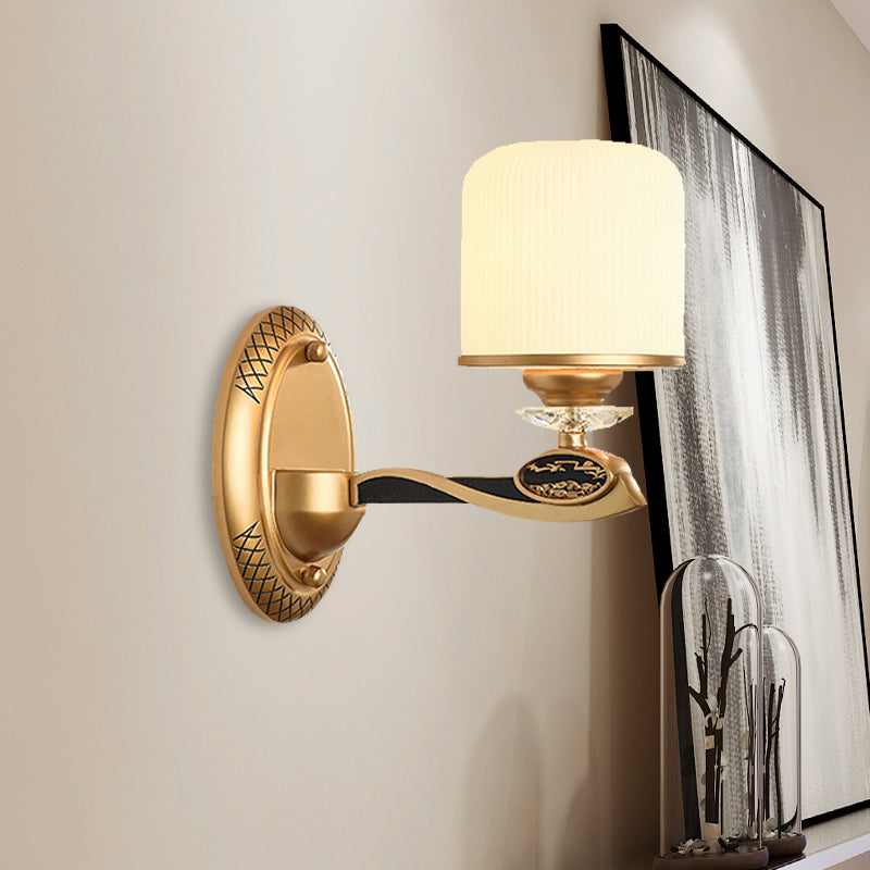 Retro Style Gold Cylinder Wall Sconce Light With Ribbed Glass - 1/2 Bulbs Bedside Lighting 1 /
