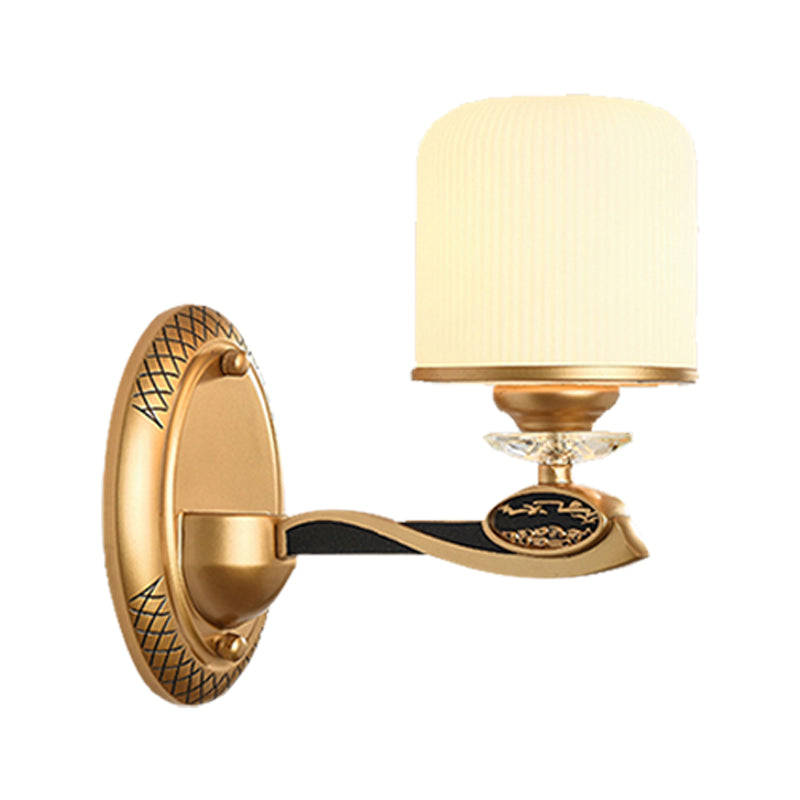 Retro Style Gold Cylinder Wall Sconce Light With Ribbed Glass - 1/2 Bulbs Bedside Lighting