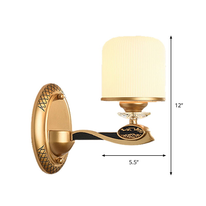 Retro Style Gold Cylinder Wall Sconce Light With Ribbed Glass - 1/2 Bulbs Bedside Lighting