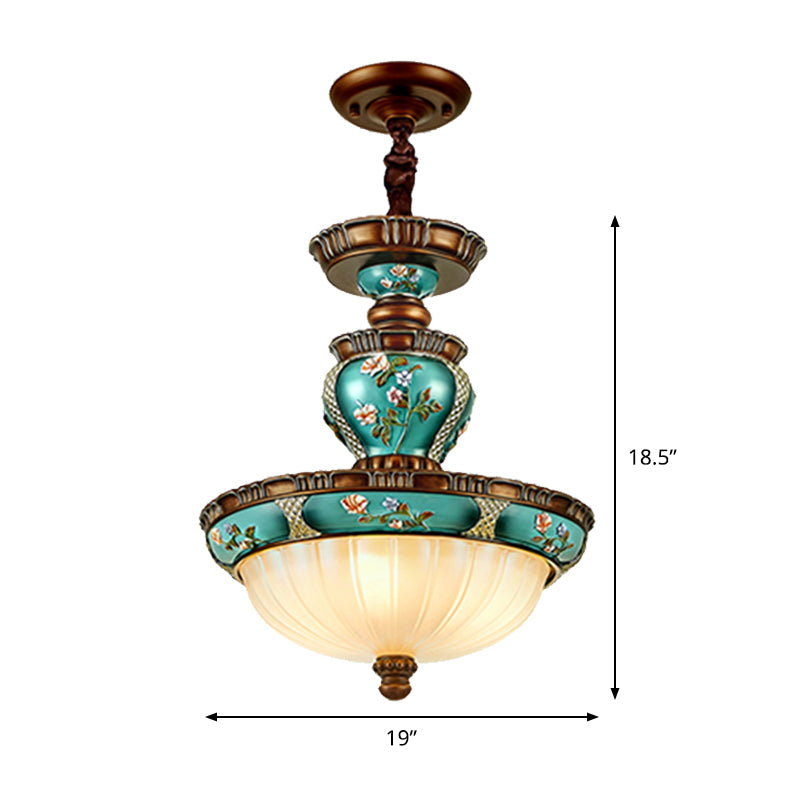 Blue Vintage Dome Hanging Lamp- 15/19 Wide Ribbed Glass Etching 3 Heads Down Lighting