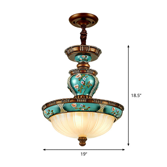 Blue Vintage Dome Hanging Lamp- 15/19 Wide Ribbed Glass Etching 3 Heads Down Lighting