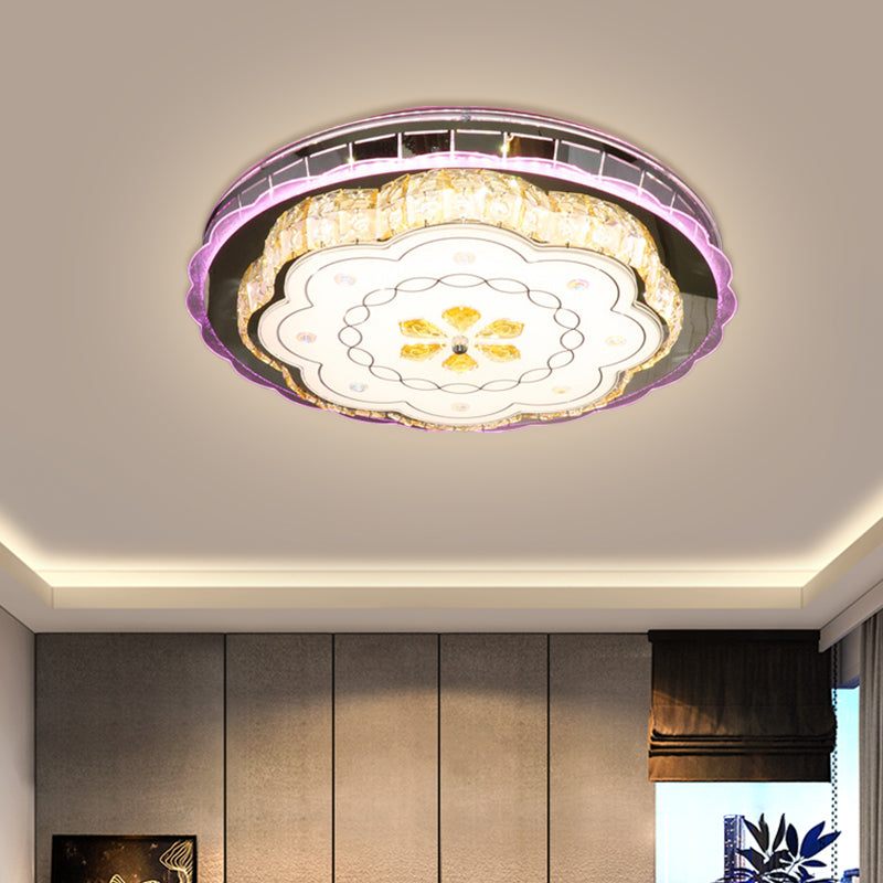 Modern Crystal Block Led Flush Ceiling Lamp In Stainless Steel With Floral Design Stainless-Steel