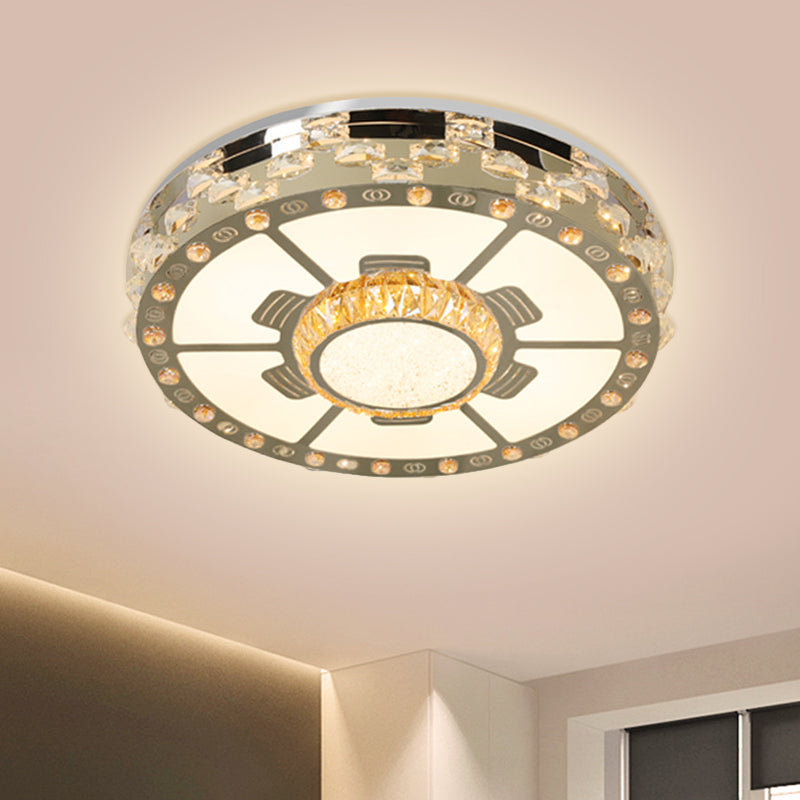Stainless-Steel Led Round Ceiling Flush Mount Light Fixture With Clear Beveled Crystal Blocks
