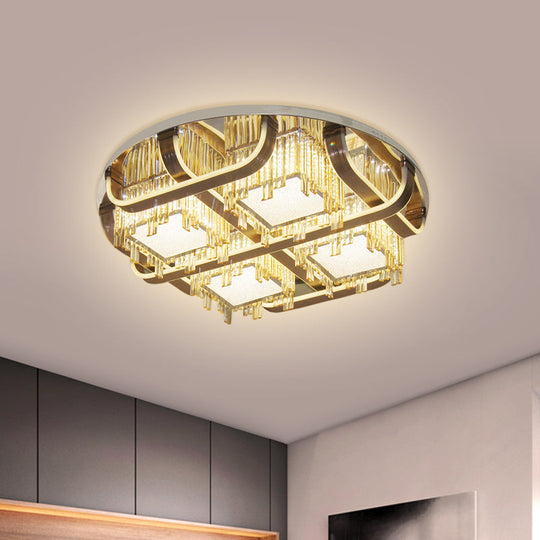 Modern Led Circle Flush Stainless - Steel Rectangular - Cut Crystal Ceiling Lamp With Cubic Shade