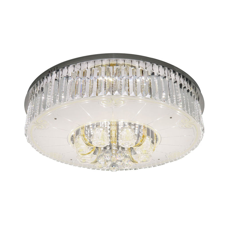 Modern Nickel Led Flush Mount Lamp With Clear Crystal Prisms Drum Design - Stylish Ceiling Lighting