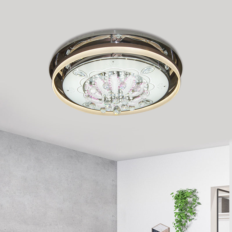 Modern Drum Led Flush Ceiling Light With Clear Crystal Draping - 23.5/31.5 Wide Stainless-Steel