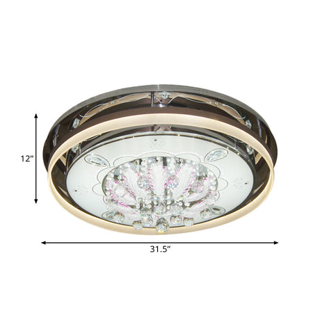 Modern Drum Led Flush Ceiling Light With Clear Crystal Draping - 23.5/31.5 Wide Stainless-Steel