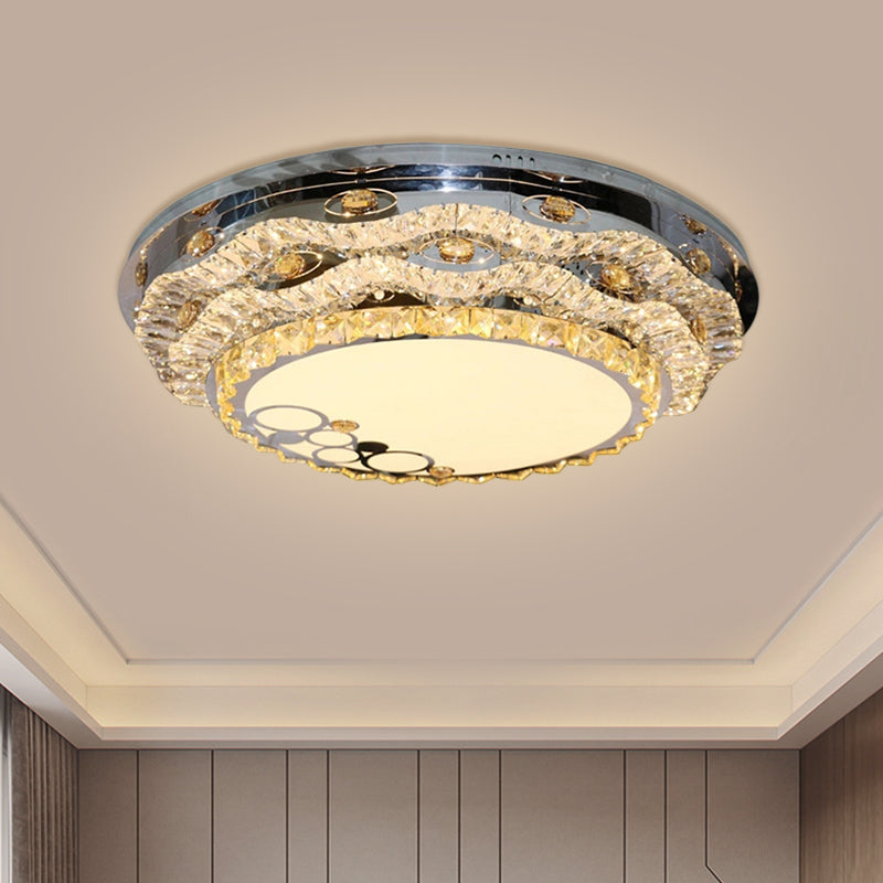 Modern Circular Led Ceiling Fixture With Clear Cut Crystal Blocks Stainless Steel