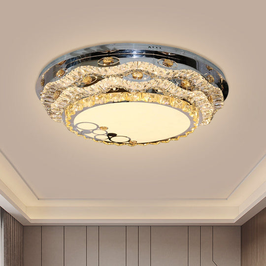 Modern Circular Led Ceiling Fixture With Clear Cut Crystal Blocks Stainless Steel