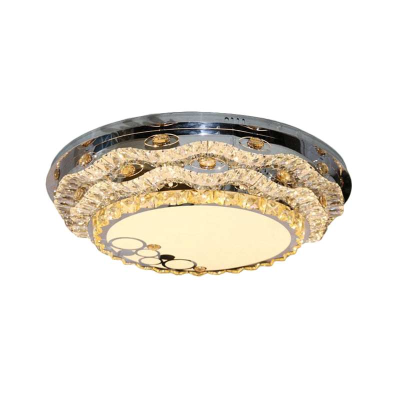Modern Circular Led Ceiling Fixture With Clear Cut Crystal Blocks Stainless Steel