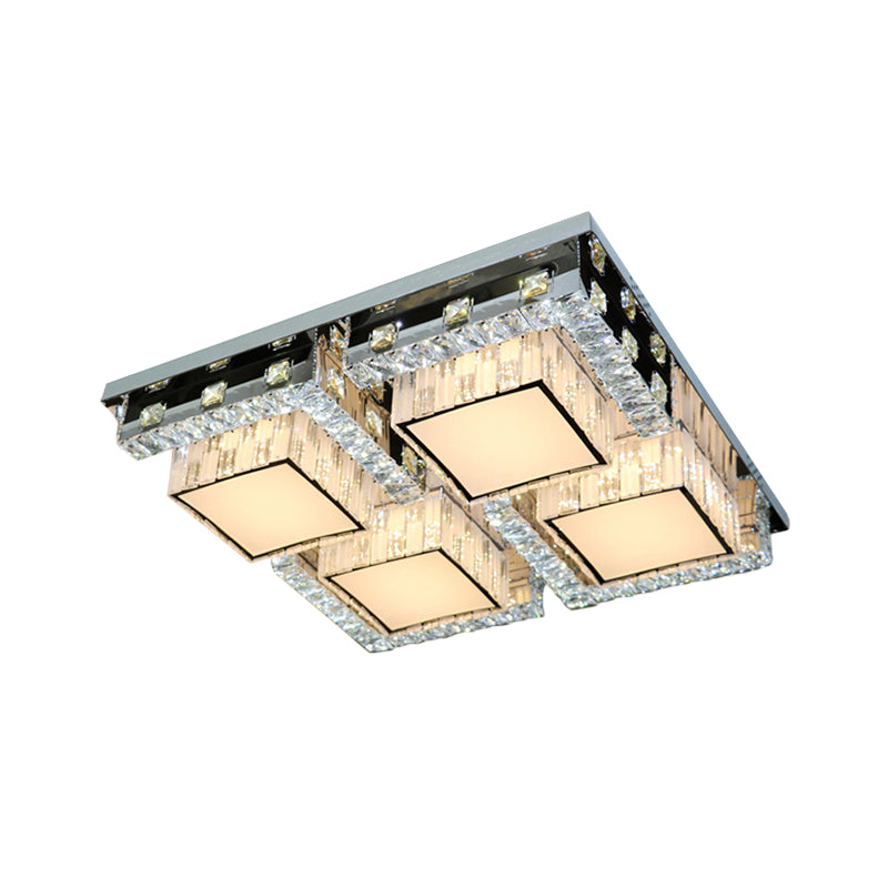 Modern Stainless-Steel Led Ceiling Light With Crystal Blocks - Rectangle/Square Shape White Cubic