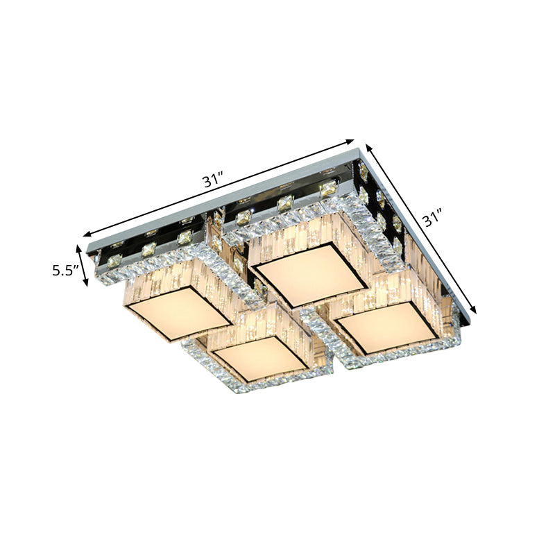 Modern Stainless-Steel Led Ceiling Light With Crystal Blocks - Rectangle/Square Shape White Cubic