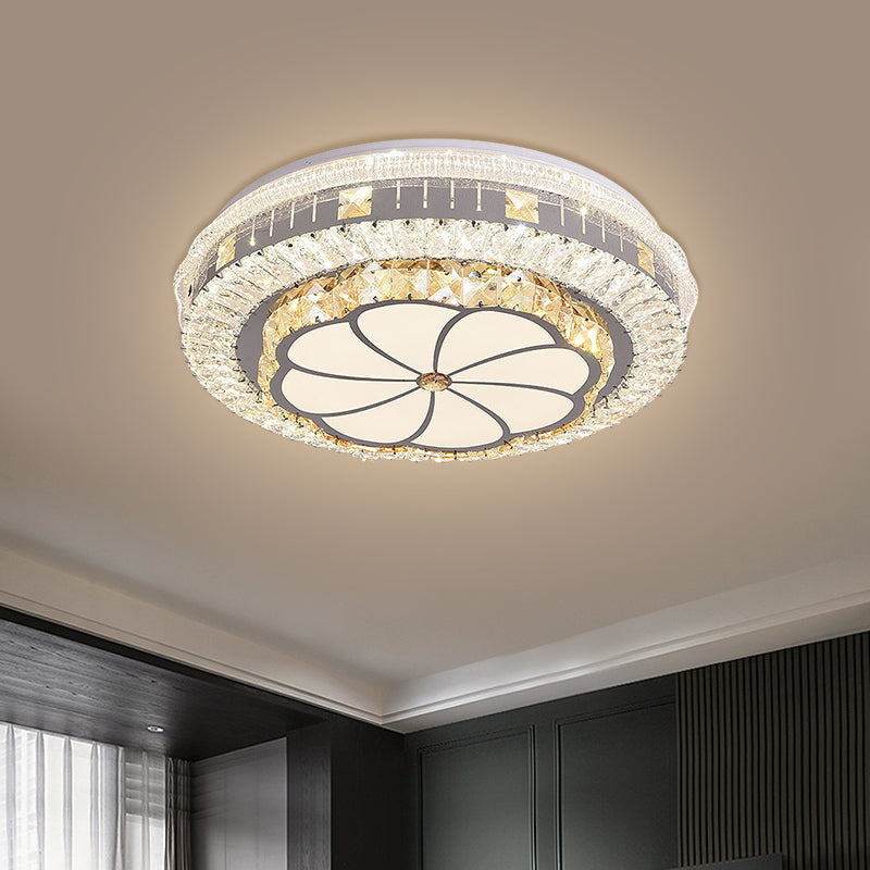 Contemporary Led Ceiling Lamp With Clear Crystal Blocks And Flower Pattern Design Stainless-Steel /