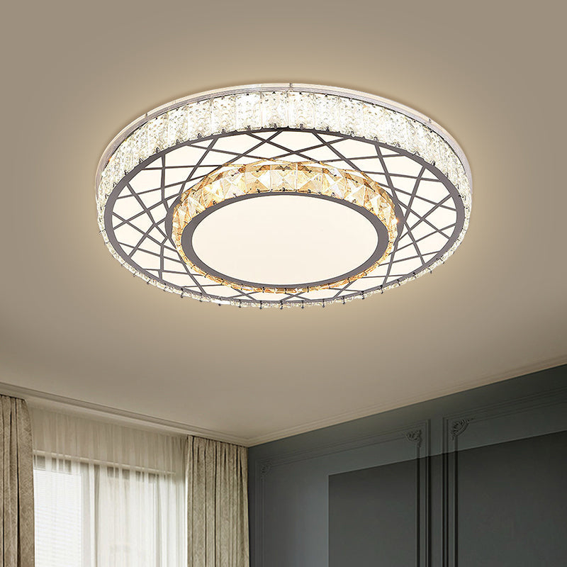 Clear Led Crystal Block Light Fixture - Modern Round Stainless-Steel Flush Mount For Great Room