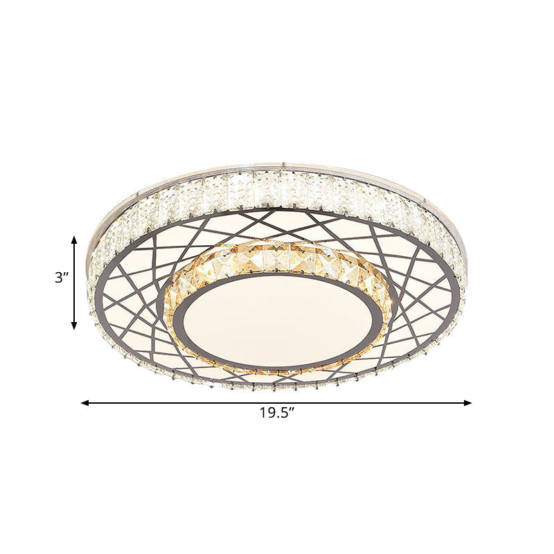 Clear Led Crystal Block Light Fixture - Modern Round Stainless-Steel Flush Mount For Great Room