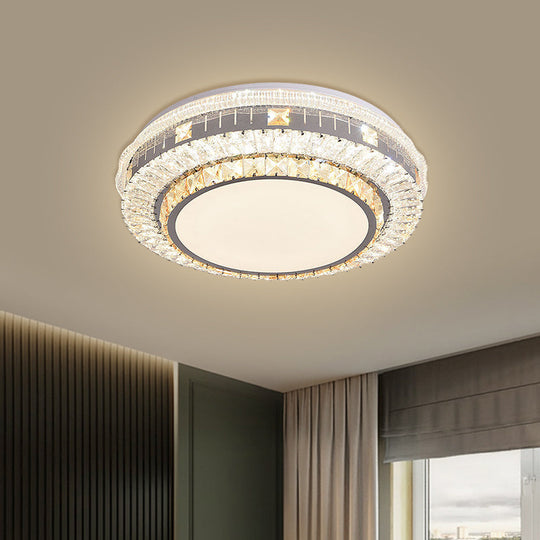 Clear Led Crystal Block Light Fixture - Modern Round Stainless-Steel Flush Mount For Great Room