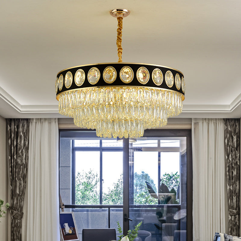 Taper Hanging Light Kit With Modern Black Finish Clear Crystal Drops Chandelier – 9/11 Heads