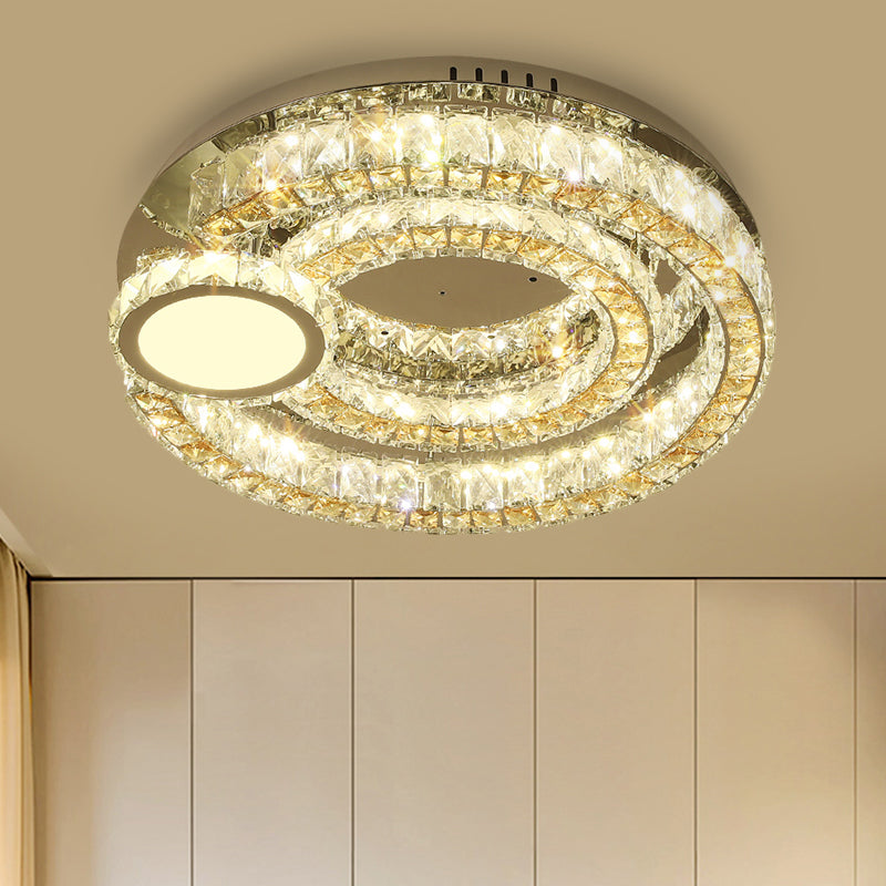 Contemporary Led Ring Flushmount: Stainless - Steel Finish Clear Faceted Crystal Blocks Ceiling