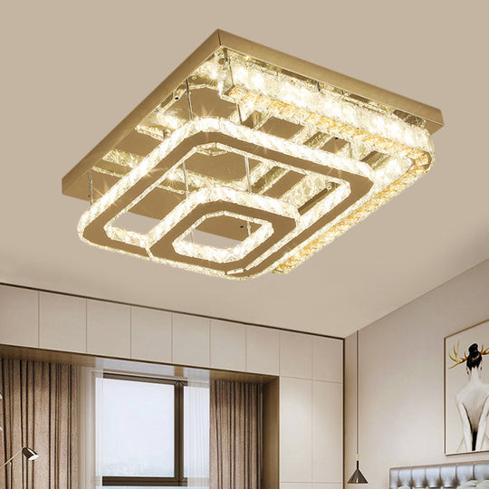 Modern Stainless-Steel Square Ceiling Light With Led Clear Cut Crystal Blocks - Semi-Flush Mount