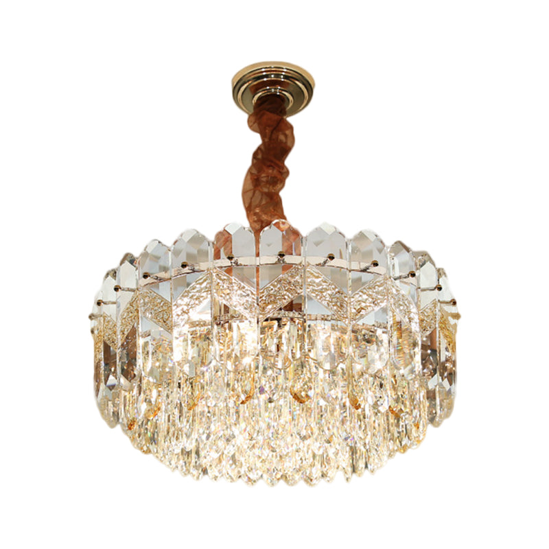 Modern Drum Ceiling Chandelier With Clear Crystal Draping - 9 Bulbs Champagne/Smoke Gray Finish