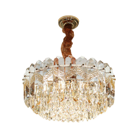 Clear Crystal Draping Ceiling Chandelier - Modern Champagne/Smoke Gray Finish 9-Bulb Drum Pendant