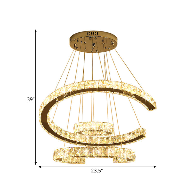 Modern Led Stainless-Steel Chandelier Light With Clear Rectangular-Cut Crystals - 3 Tier C-Shape