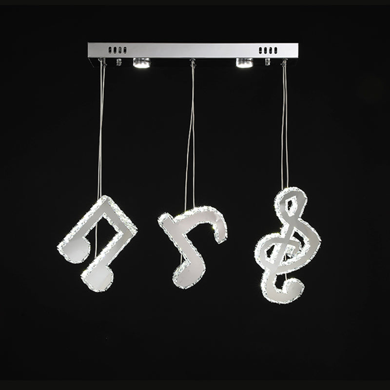 Modern Stainless Steel Led Pendant Light With Clear Crystals And Musical Note Suspension