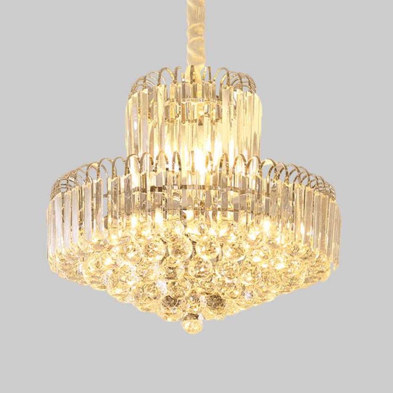 Moderner, konischer Kronleuchter in Gold mit klarem Kristallschirm – 6/8 Glühbirnen, Hängeleuchte