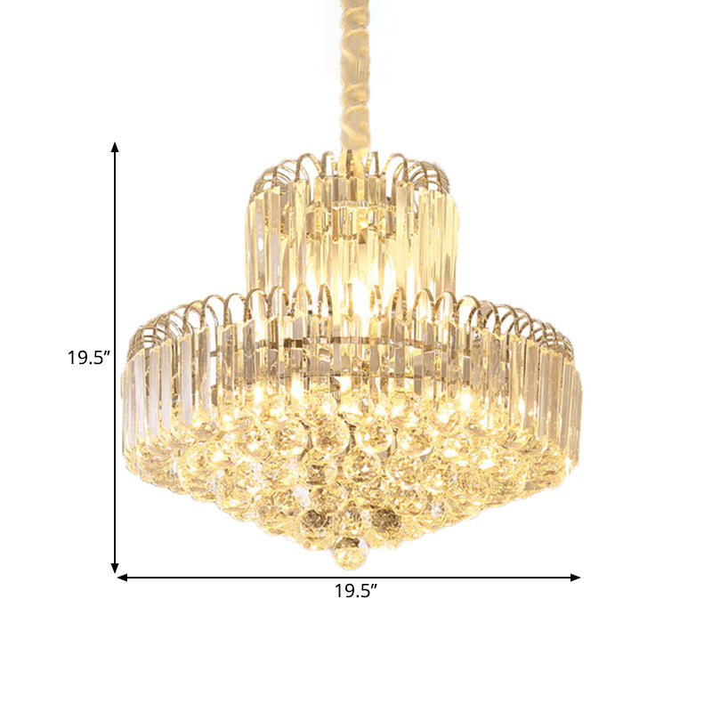 Moderner, konischer Kronleuchter in Gold mit klarem Kristallschirm – 6/8 Glühbirnen, Hängeleuchte