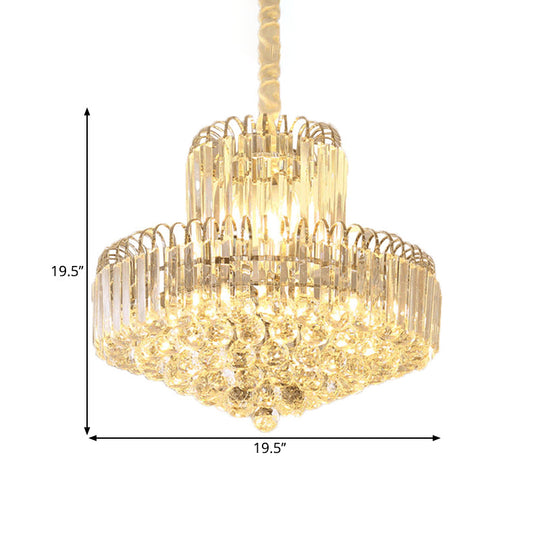 Moderner, konischer Kronleuchter in Gold mit klarem Kristallschirm – 6/8 Glühbirnen, Hängeleuchte