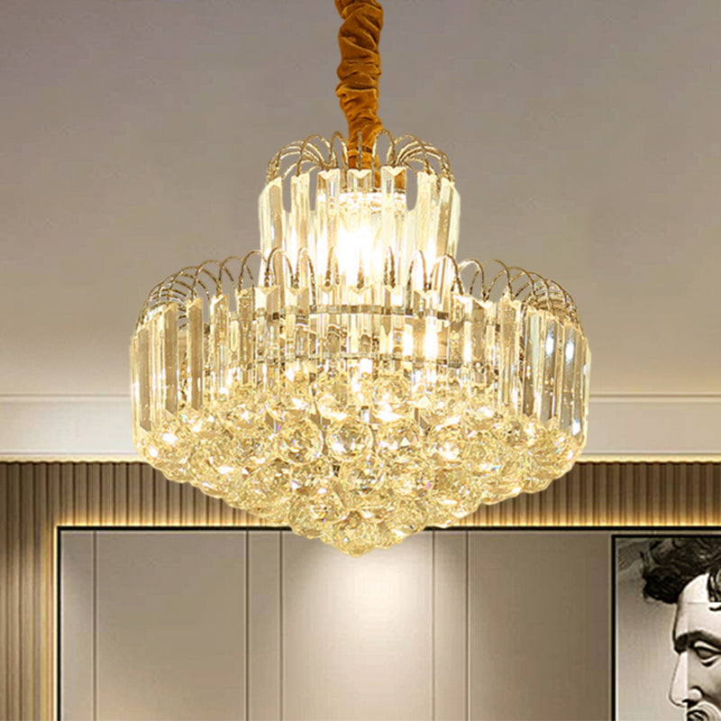 Moderner, konischer Kronleuchter in Gold mit klarem Kristallschirm – 6/8 Glühbirnen, Hängeleuchte