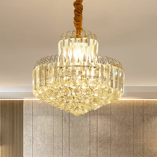 Moderner, konischer Kronleuchter in Gold mit klarem Kristallschirm – 6/8 Glühbirnen, Hängeleuchte