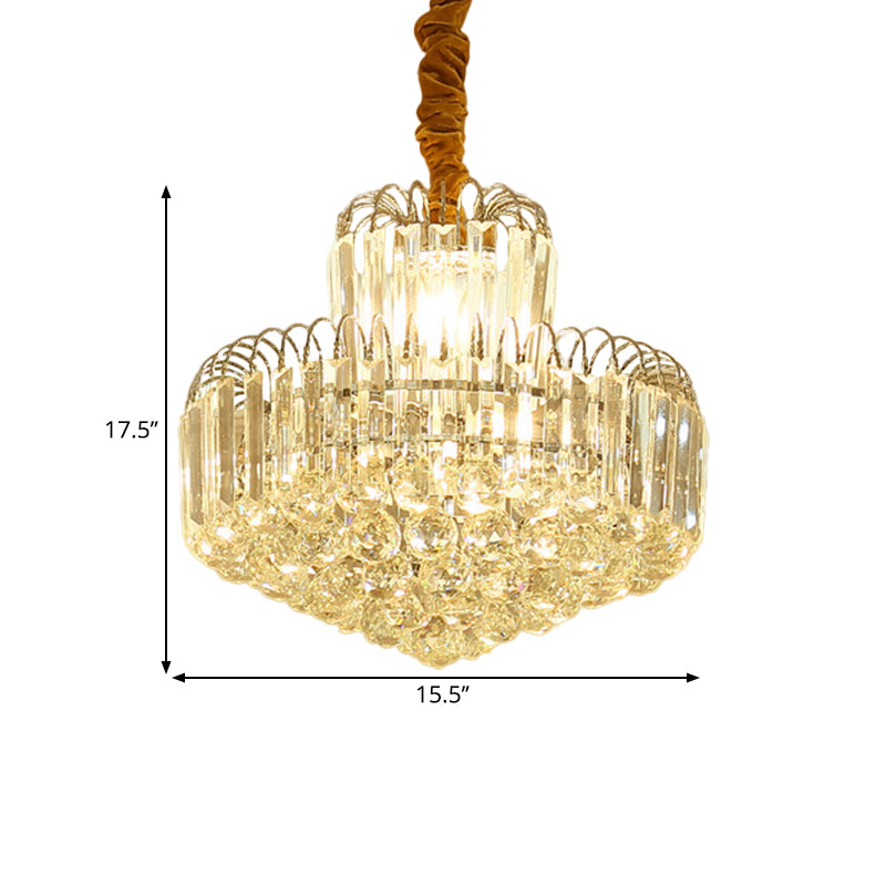 Moderner, konischer Kronleuchter in Gold mit klarem Kristallschirm – 6/8 Glühbirnen, Hängeleuchte