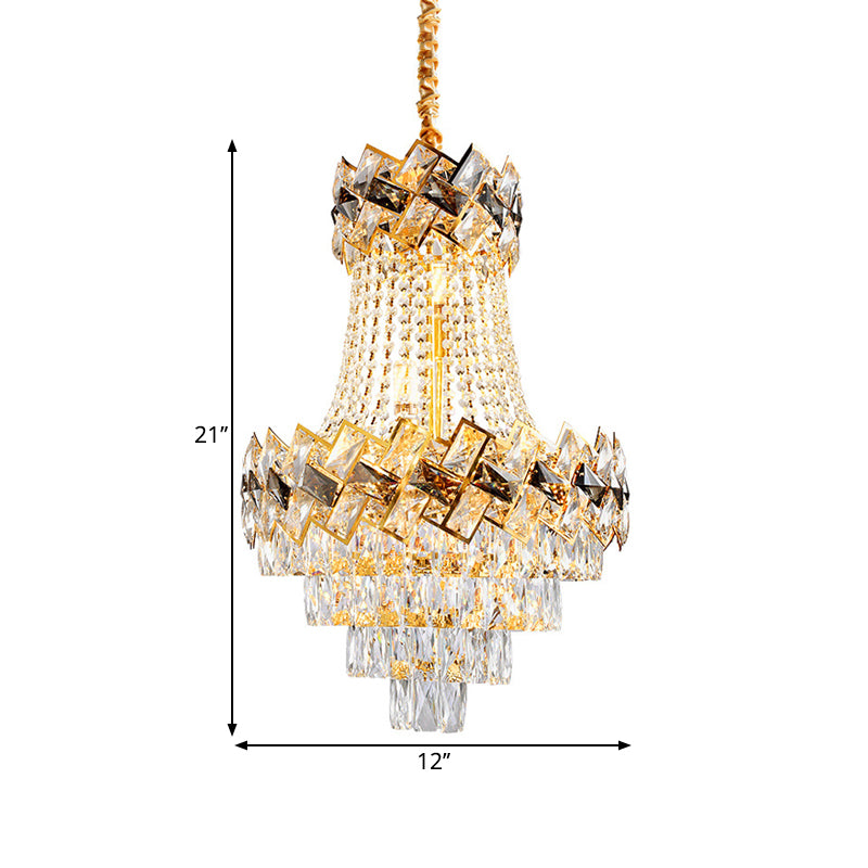 Contemporary Rectangle-Cut Crystal Hanging Pendant Light - 3/5-Bulb Gold Chandelier 12’/16’ Wide