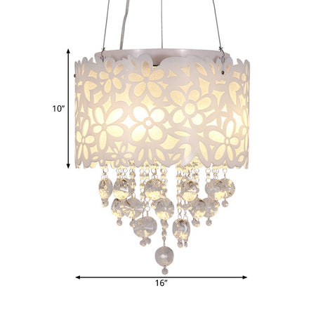 Contemporary Metal Chandelier With White Drum Shades And Crystal Droplets - 4-Headed Lighting