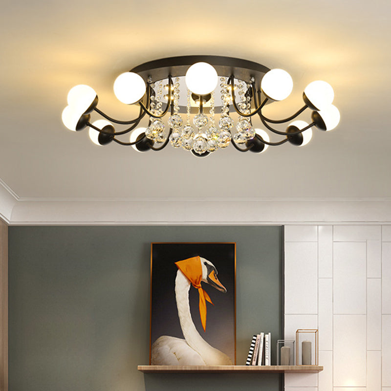 Hand-Cut Crystal Sphere Ceiling Light With Modern Design: 10/12-Head Black/White Mounting For
