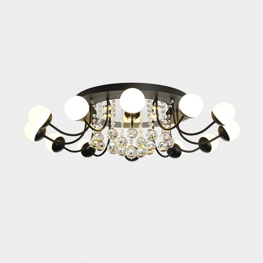 Hand-Cut Crystal Sphere Ceiling Light With Modern Design: 10/12-Head Black/White Mounting For