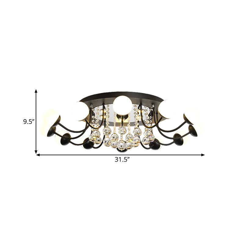 Hand-Cut Crystal Sphere Ceiling Light With Modern Design: 10/12-Head Black/White Mounting For