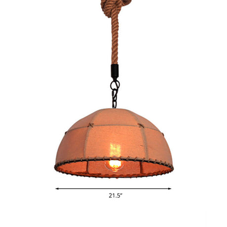 Lodge Style Hanging Lamp With Fabric And Rope Beige Dome Shade - 14/18 Pendant Light For Restaurants