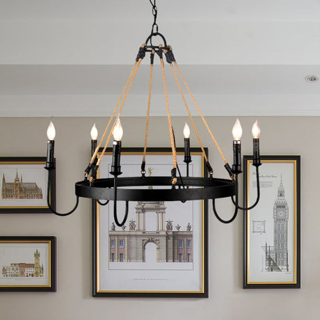 Rustic 6-Head Metal & Rope Ceiling Chandelier For Restaurants - Vintage Candle Lamp With Open Bulbs