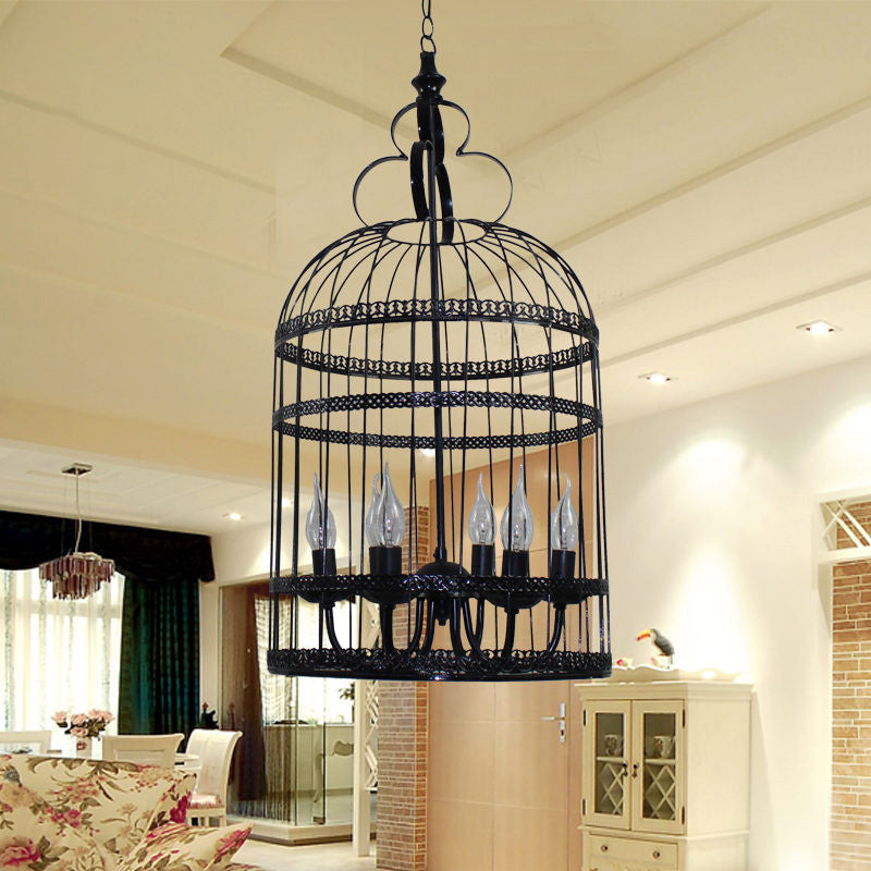 Industrial Style Bird Cage Hanging Light With Candle - Black Metallic Chandelier Lamp For Bedroom