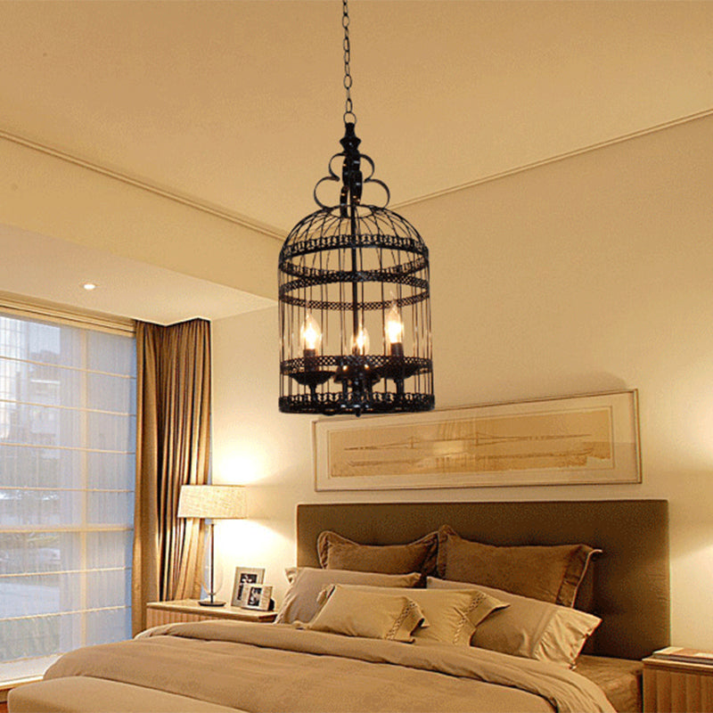 Industrial Style Bird Cage Hanging Light With Candle - Black Metallic Chandelier Lamp For Bedroom