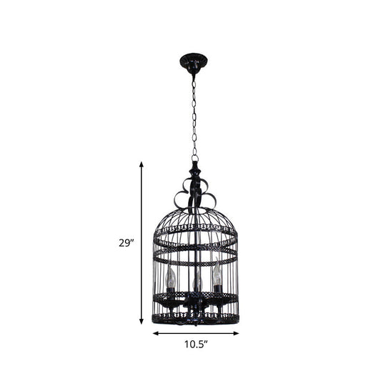 Industrial Style Bird Cage Hanging Light With Candle - Black Metallic Chandelier Lamp For Bedroom