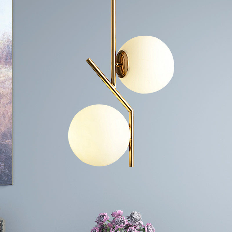Contemporary Gold Angle Linear Chandelier Lighting 2 Lights White Glass Sphere Shade Metal Hanging Lamp Fixture Gold