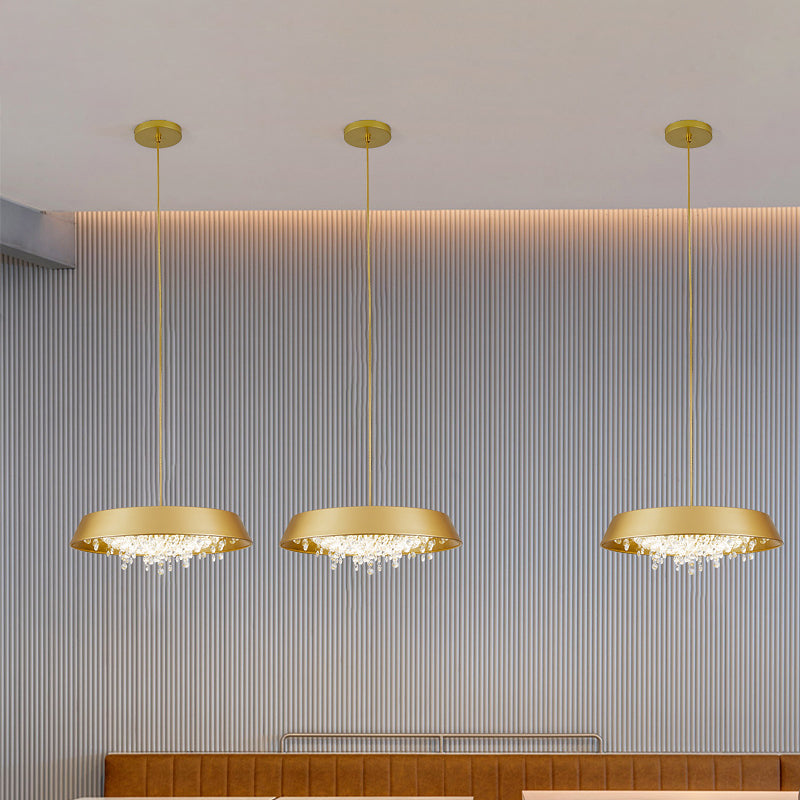 Metal Led Hanging Lamp - Modern Contemporary Circle Tray Design With Crystal Drop Warm/White Light