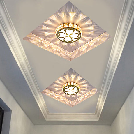 Modern Gold Flush Mount Led Ceiling Lamp With Clear Faceted Crystal Clover Design And Multi-Color